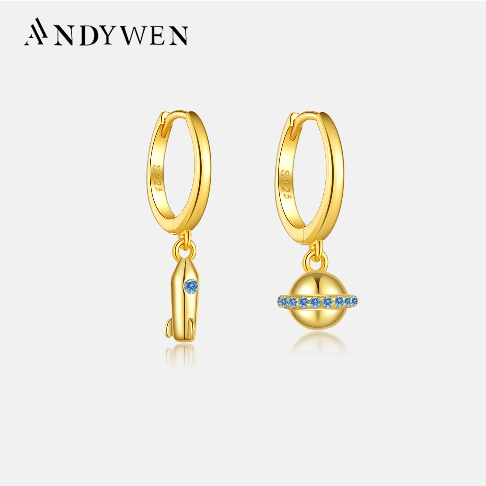 ANDYWEN 925 Sterling Silver Gold Beyong Infinity Saturn Trip  Drop Earring Piercing Pendiente Clips Zircon Blue Brown Jewels