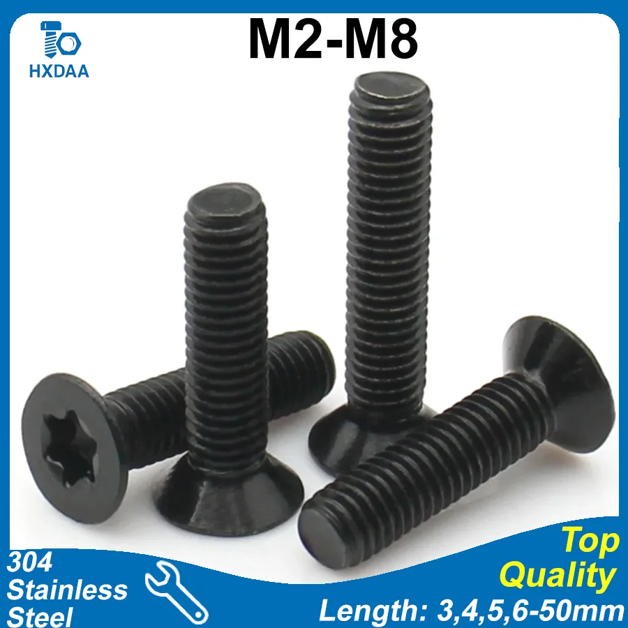 5-50pcs M2 M2.5 M3 M4 M5 M6 M8 Black 304 Stainless Steel Zinc Plated Six-Lobe Flat Countersunk Head Torx Recessed Machine Screws