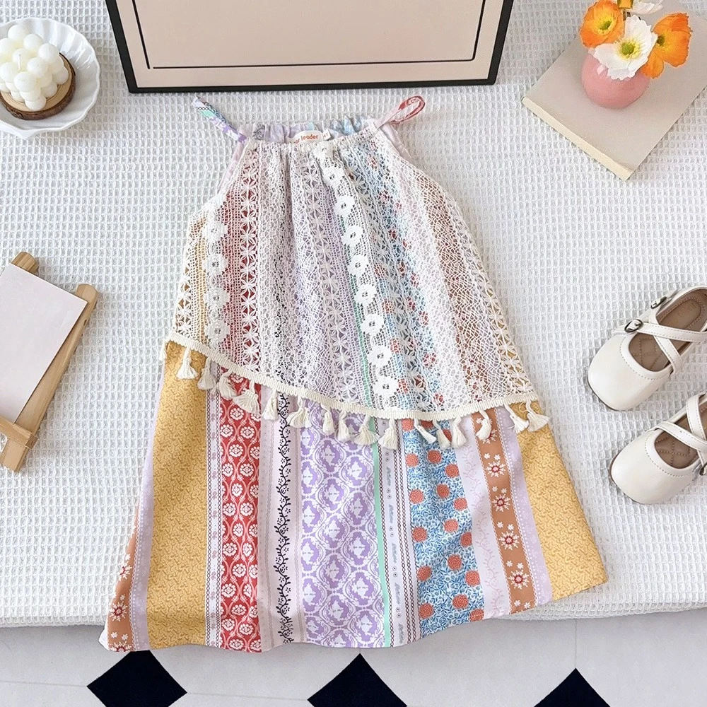 Summer New Girls Fashion Hollow Lace Tassel Decoration Print Sling Princess Dress 1 Pc 3-7 Years Kids Casual Cute Clothing