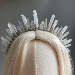 Handmade Clear Crystal Stick Crown Tiara Raw Quartz Point Women Hair Jewelry Gemstone Healing Stones