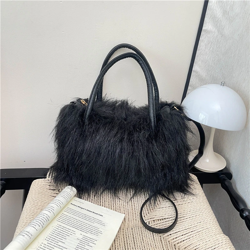 Bright Green Long‑hair Faux Fur Handbag Fluffy Plush Top‑handle Bag Detachable Strap Crossbody Shoulder Bag Fashion Daily Purse