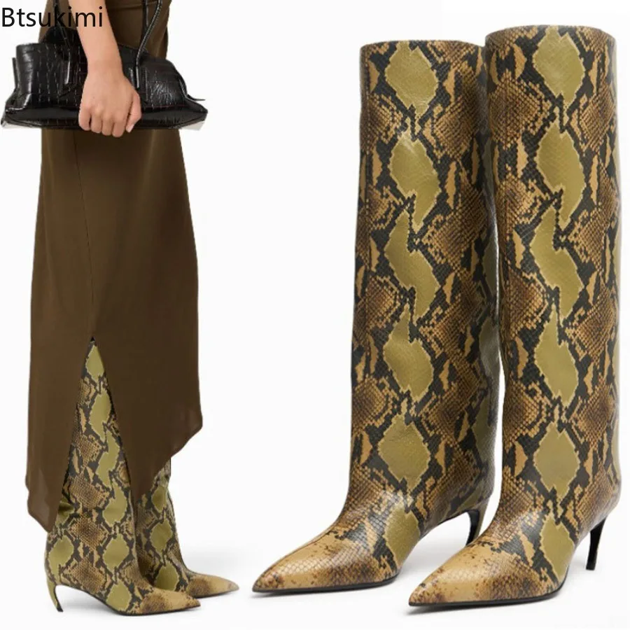 Winter New Pointed-Toe Kitten Heel Knee-High Boots Suede/leather Snakeskin Fashion Catwalk Slim Boots Solid Color Plus Size35-43 - view 3