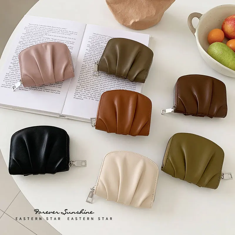 

2024 Women's New Simple and Cute Wallet Wrinkled Solid Color Versatile Purse Coin Purse Wallet Small Item Storage Portable Bag