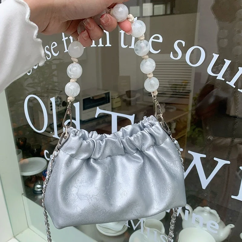 

New Chinese Style Ink Wash Pleated Cloud Bag Lady Satin Pearl Handle Chain Strap Mini Handbag Female Niche Pink Messenger Bag