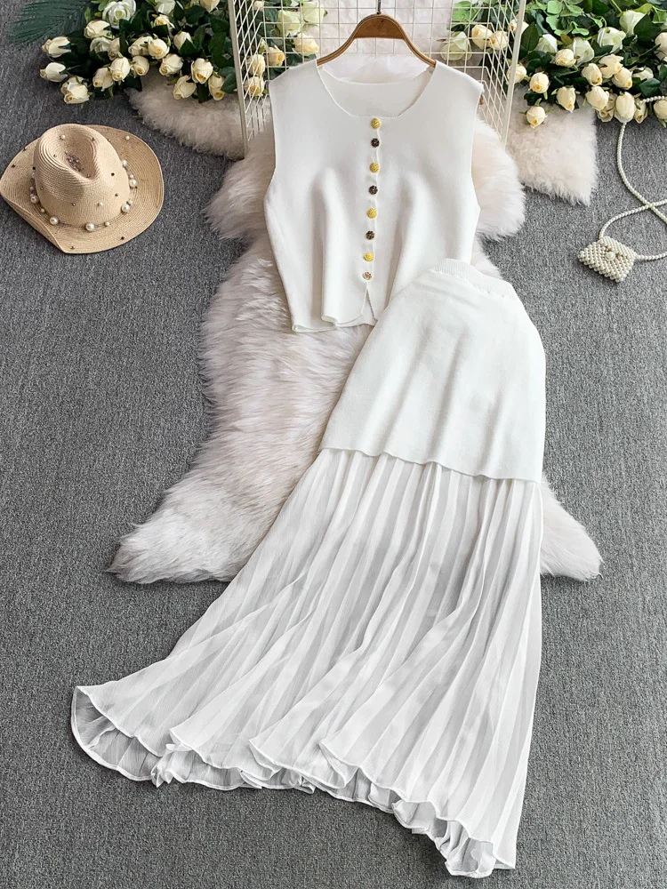 

2025 New Design Metal Bule Svel Vest Top High Waist Slim Pleated Splice Skirt Set Women's Faion Summer Outfit