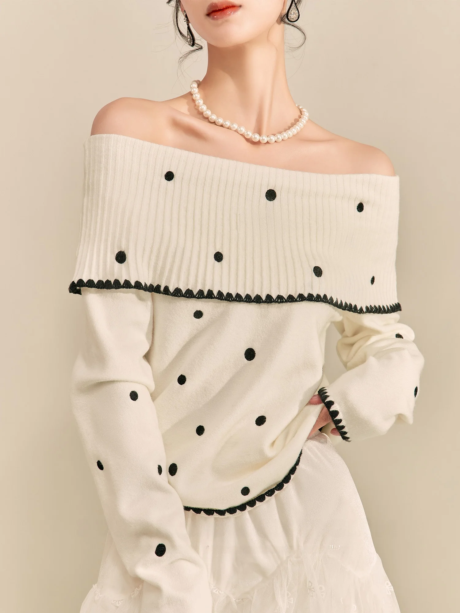 

FlowingEra Unique Beautiful One oulder White Polka Dot Top Korean Sle Lazy Faion Inner Wear Women's Knitted Polyester F...