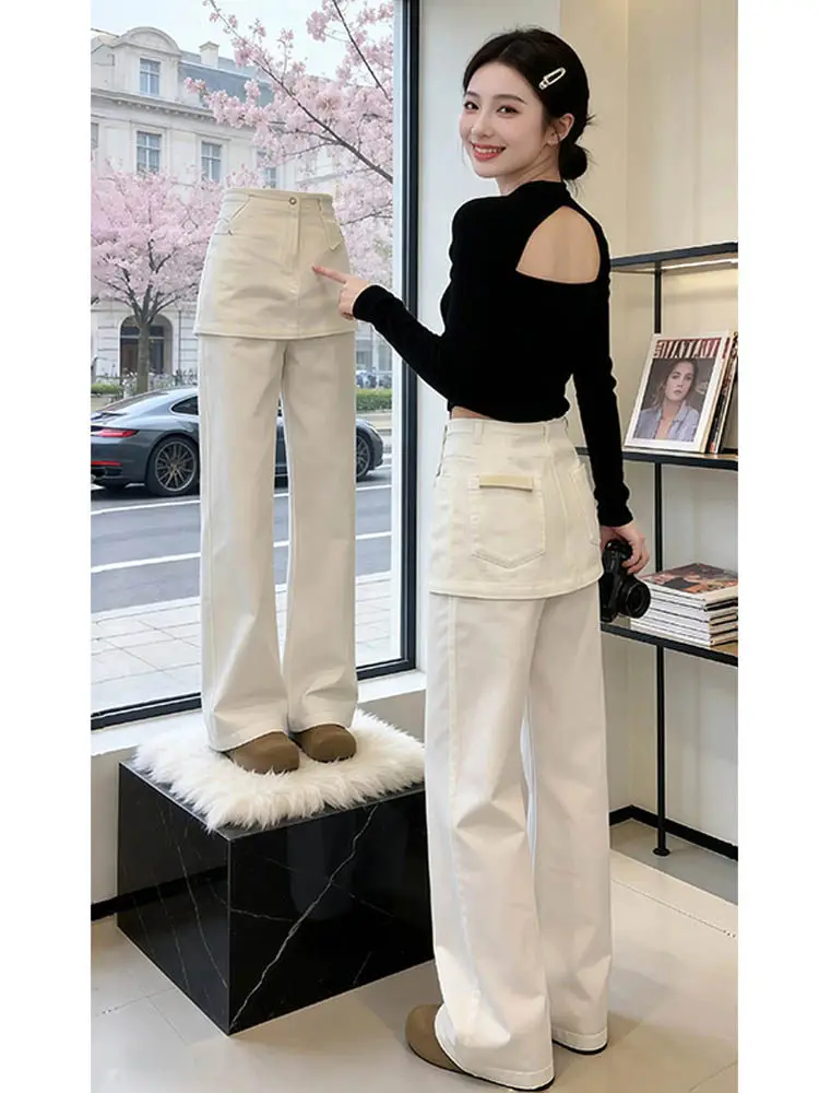

High Waist Casual Korean Style Women's Jeans Loose Wide Leg Straight Long Pants Spring Autumn New Fashion Set Student School ...