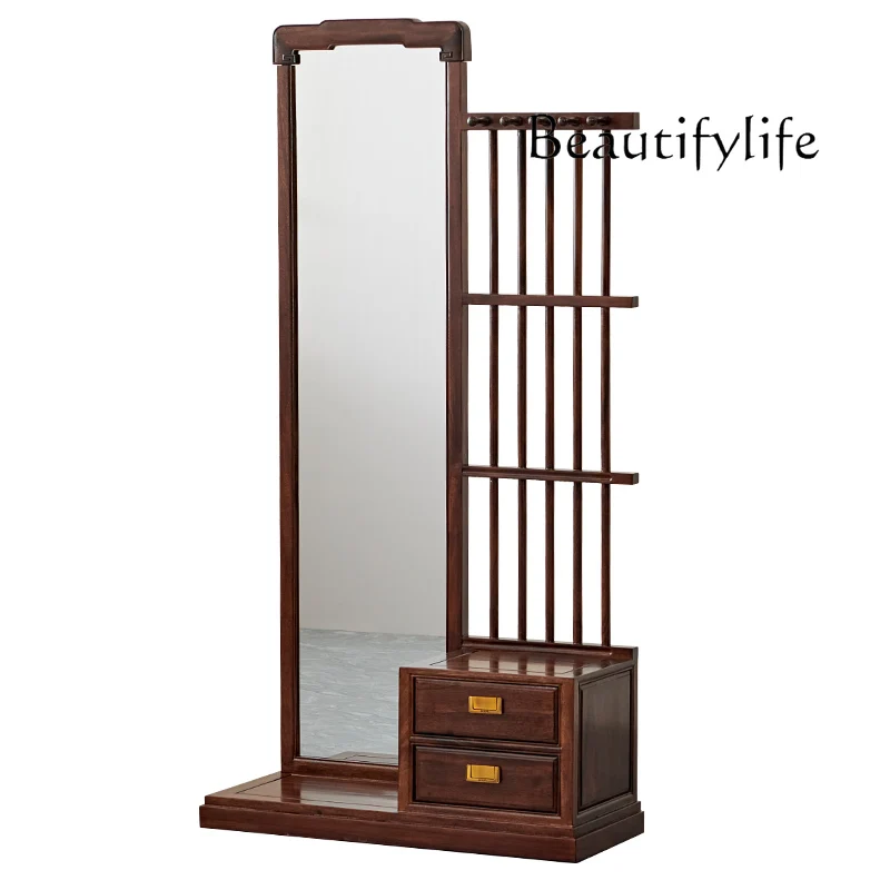 

Light luxury new Chinese black walnut solid wood coat rack with mirror floor fitting mirror multi-functional storage bedroom