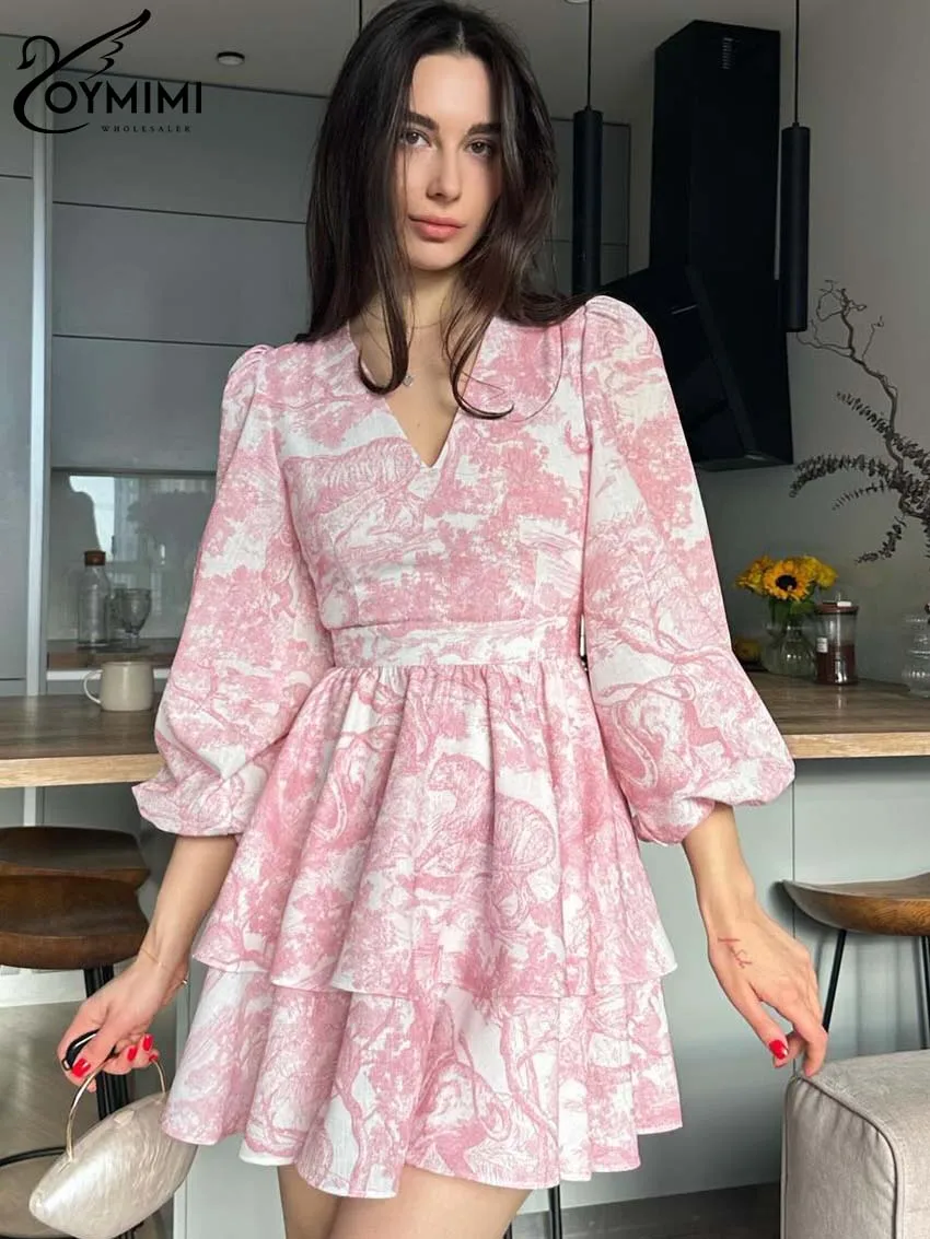 Oymimi Fashion Light Pink Print Womens Dresses Casual V-Neck Long Sleeve Dresses Autumn High Waisted Pleated Mini Dress Female