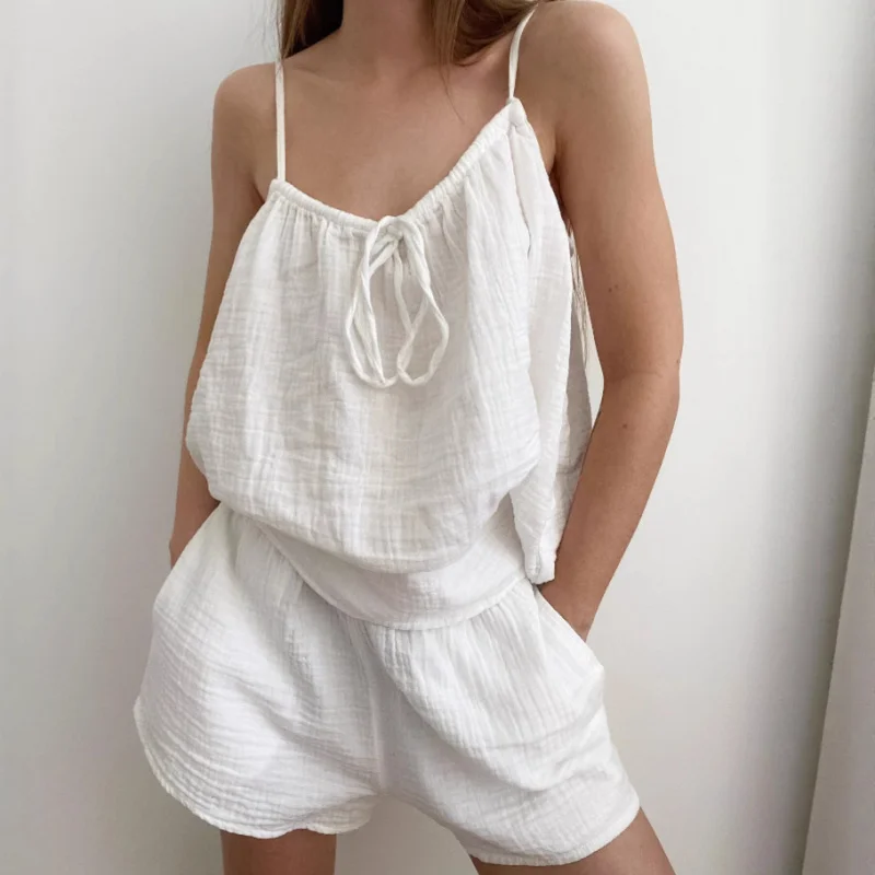 Womens 2-Piece Pajama Set, European Double Gauze, Camisole & Shorts, Breathable Summer Loungewear