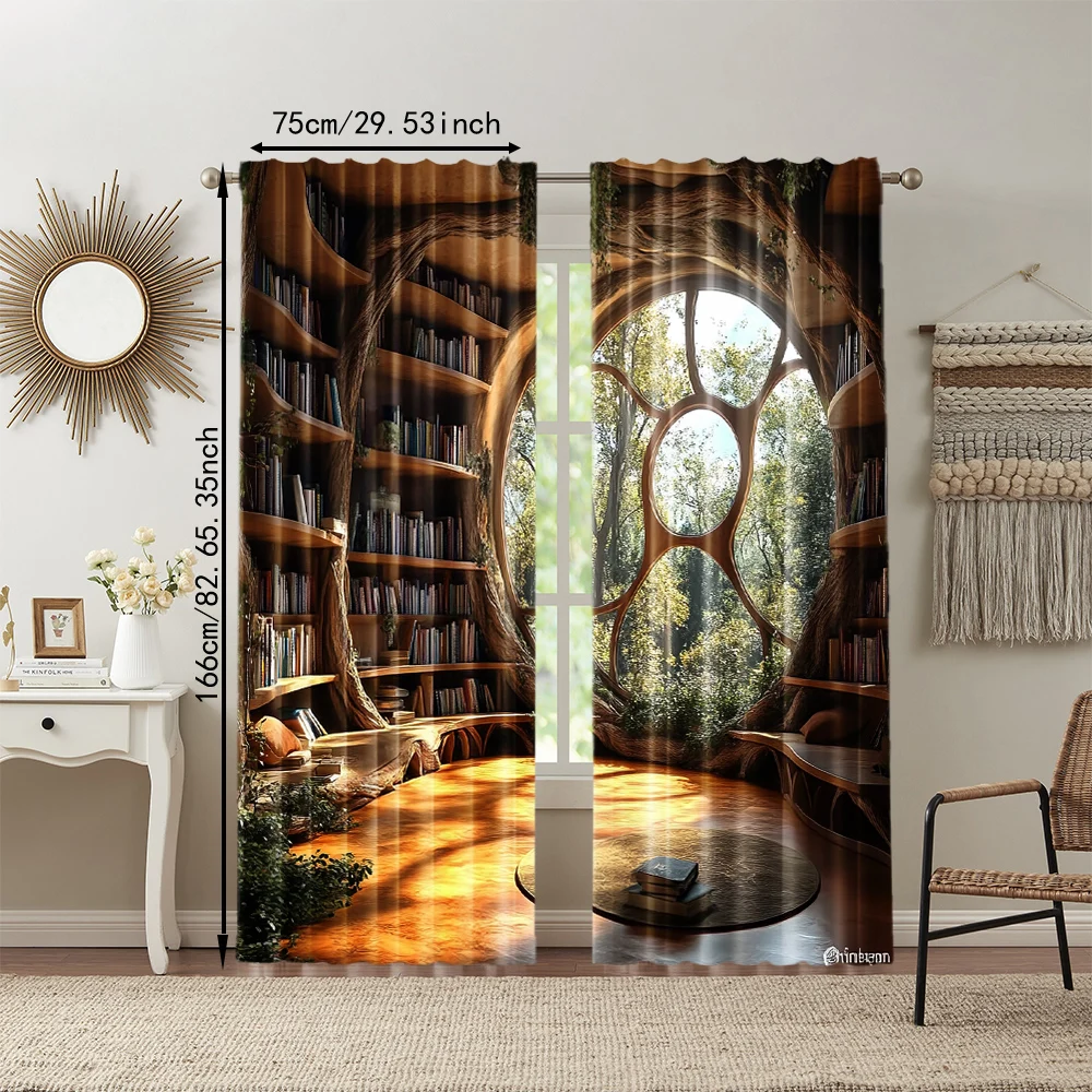 2 pcs, versatile polyester transparent curtains for home decoration Enchanting Vintage Library for use in bedrooms and living