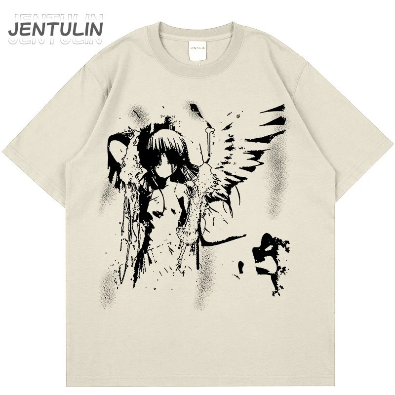 Harajuku Goth Men Japanese Anime Tshirt Cartoon Angel Wings Graphic T-Shirt 2024 Hipster Clothing Cotton Y2K Tops Streetwear Tee