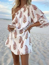 Foridol-Vestido corto de un hombro con estampado de árbol para mujer, traje holgado informal de verano con manga farol, color blanco, para playa