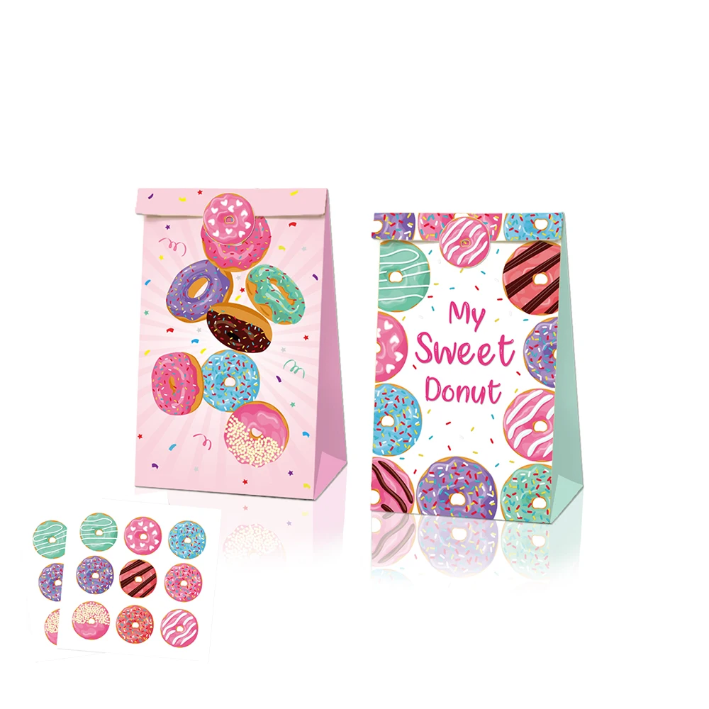 LB012 12pcs Girls Sweetie Donuts Grow Up Happy Birthday Party Paper Gift Bags with Stickers Party Biscuit Food Kraft Paper Bag