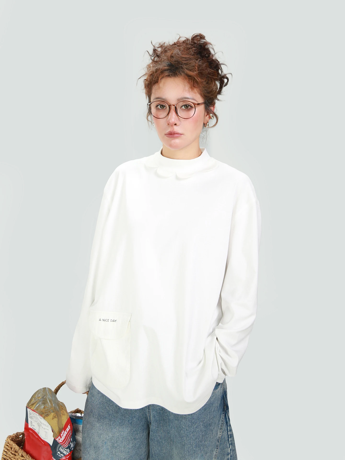 

Comfortable Loose Petal Collar Long Sve T-irt Women's Lazy Casual Inner Wear Top Faionable Breathable Cotton Blend