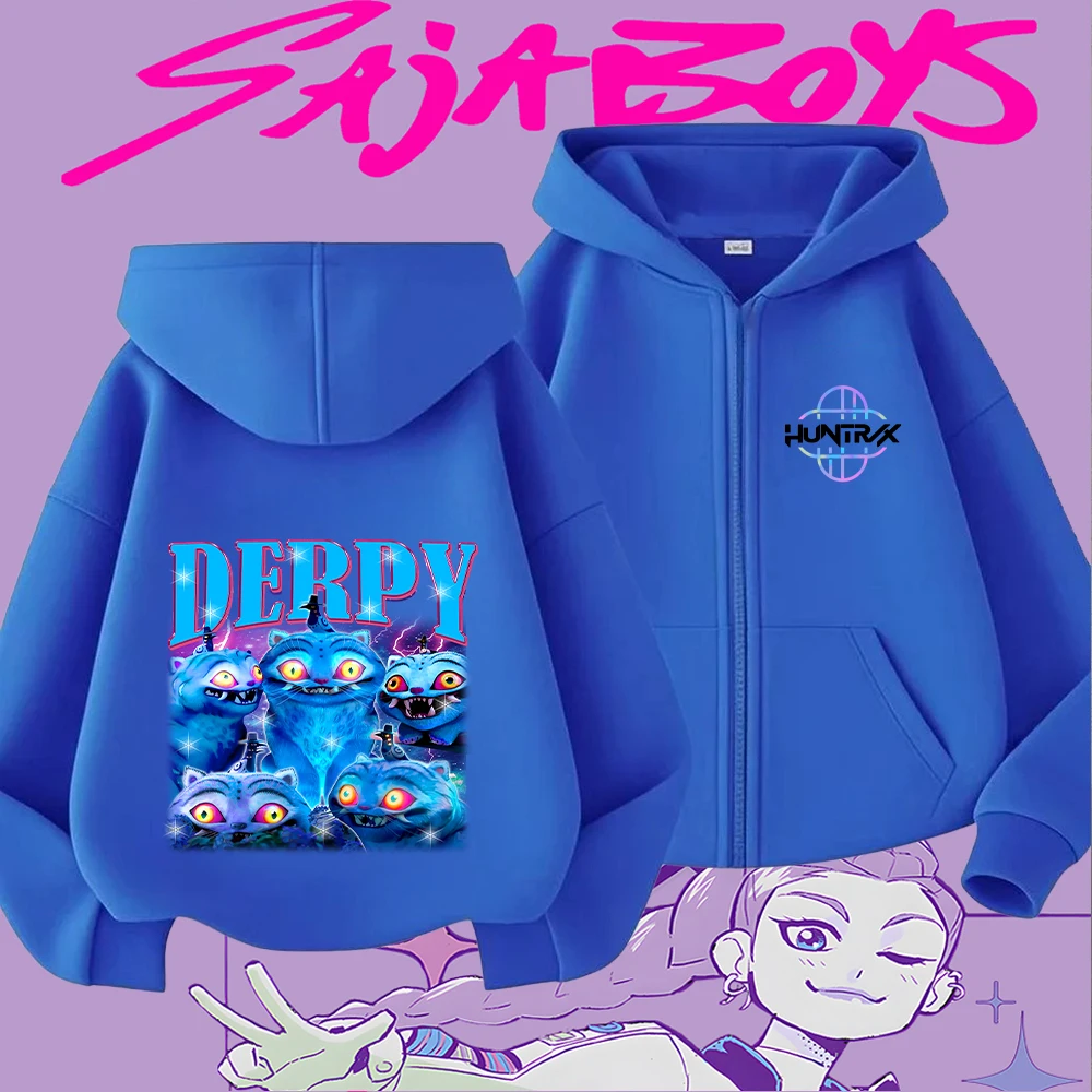 

Kids Zip-Up Hoodie with Demon Hunters Kpop Blue Cat Graphic Cute Cartoon Animal Design for Boys Girls
