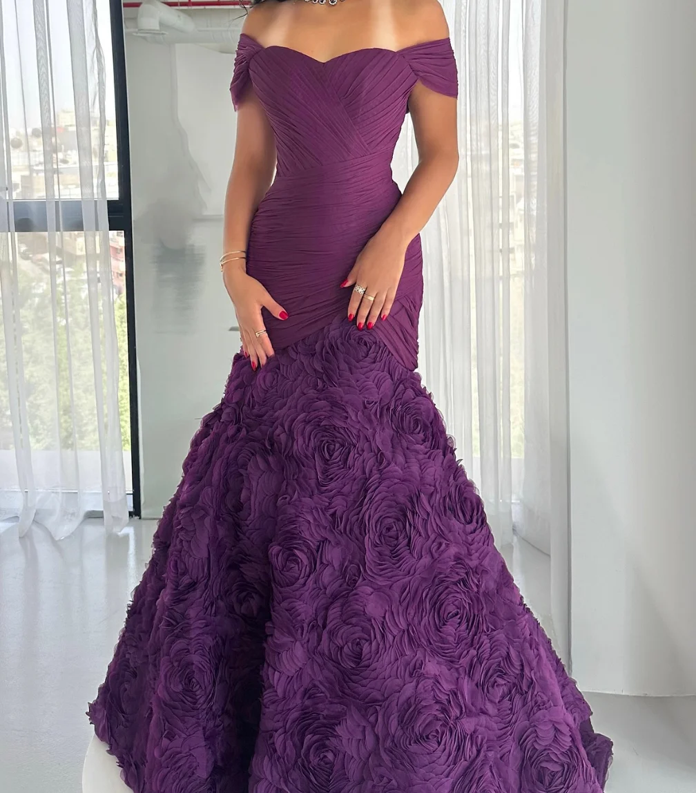 Vestido de noche morado Sexy, vestido de fiesta de sirena con hombros descubiertos, con cordones/cierre en la espalda, vestido de fiesta de flores hecho a mano de alta calidad
