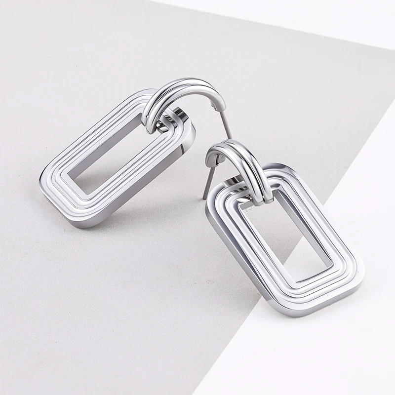 Stainless Steel Polishing Rectangular Striped Earrings for Women Jewelry Waterproof Trend Female Aesthetic Ear