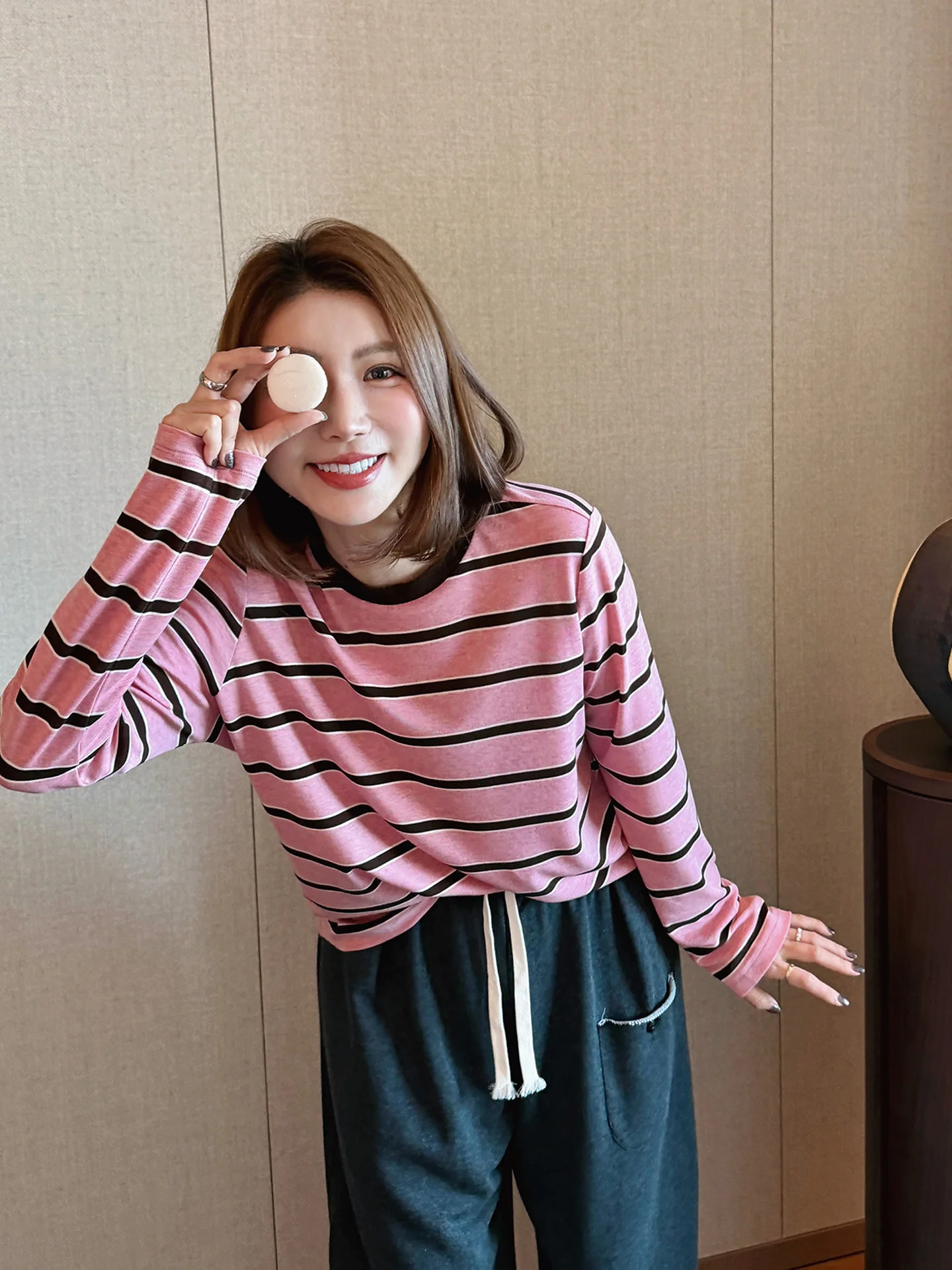 

Женская повседневная футболка Tang Youyou из смесовой шерсти с длинным рукавом и круглым вырезом, в полоску, из смесового полиэстера и лиоцелла