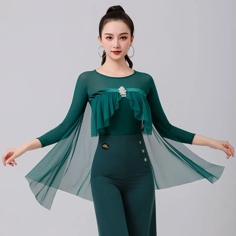 Double Moden Dance Blouse Nieuwe Netto Gaas Voor Dames Geflensd Na Zwevende Ballroom Dansjurk Met Lange Mouwen