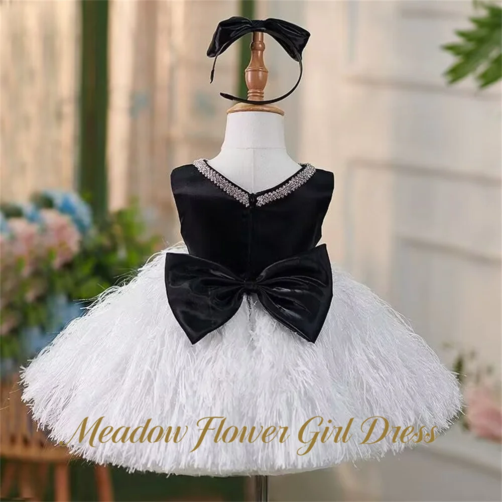 Meadow Black and White Kids Birthday Party Dress Round Neck with Crystal Pageant Dress for Girl   First Communion Gown