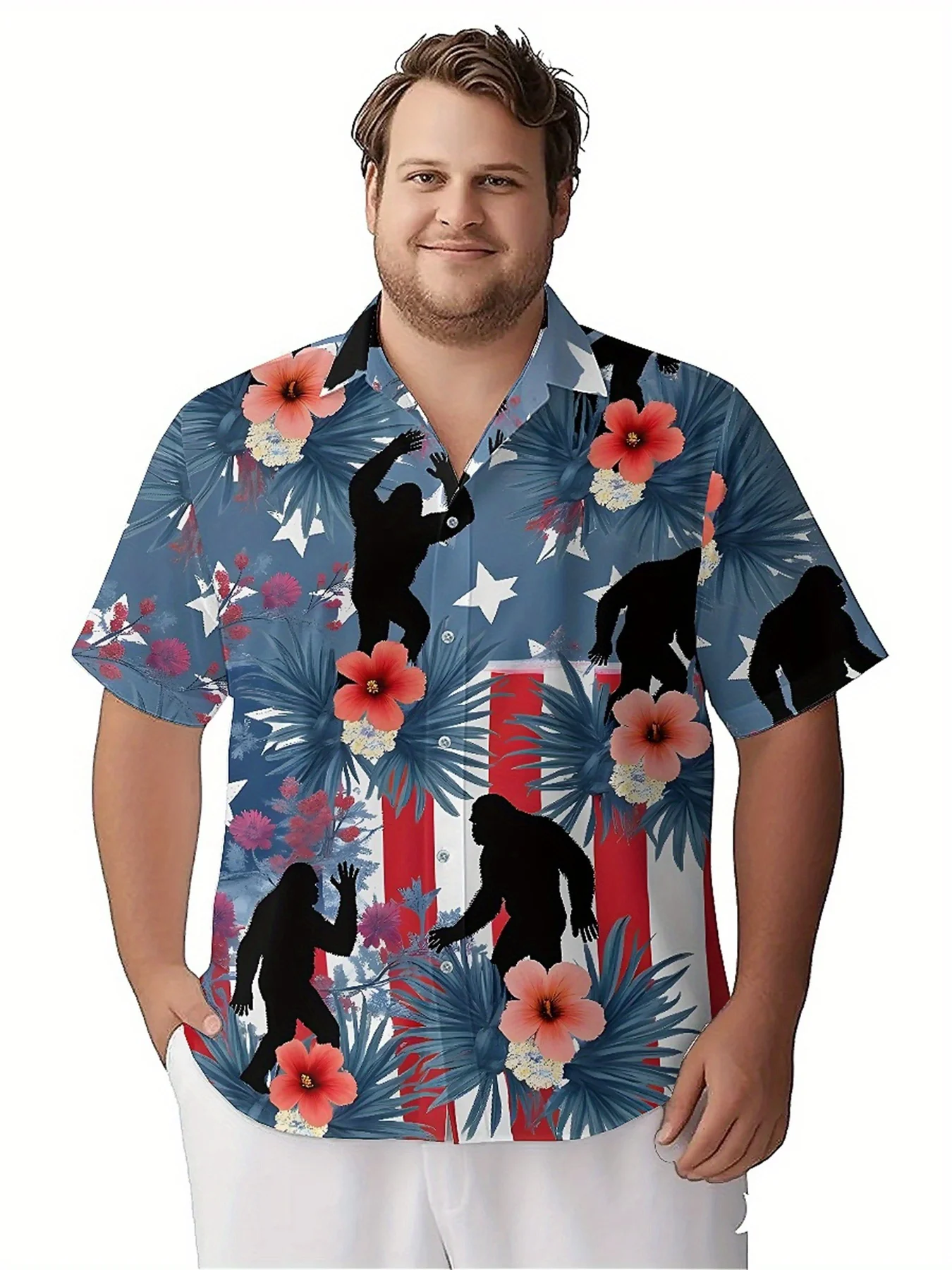 ชายเสื้อฮาวายขนาดบวก Sasquatch บนพื้นหลังของรูปแบบธงชาติอเมริกัน,Baggy Aloha เสื้อ,เสื้อผ้าฤดูร้อน