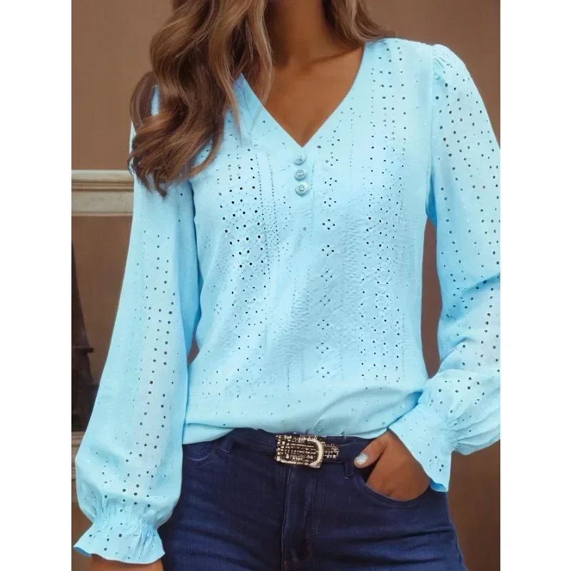 Camiseta de manga larga para mujer, jersey de Color sólido con tres botones delanteros y cuello en V a la moda, talla grande 1XL-5XL