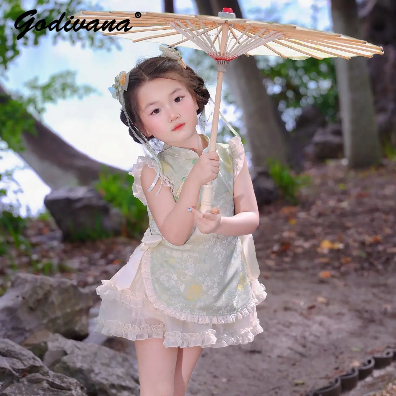 Original Sweet Baby Girls Modernized Chinese Cheongsam Dress 2026 Summer New Kids High End Embroidery Lace Mesh Patchwork Dress