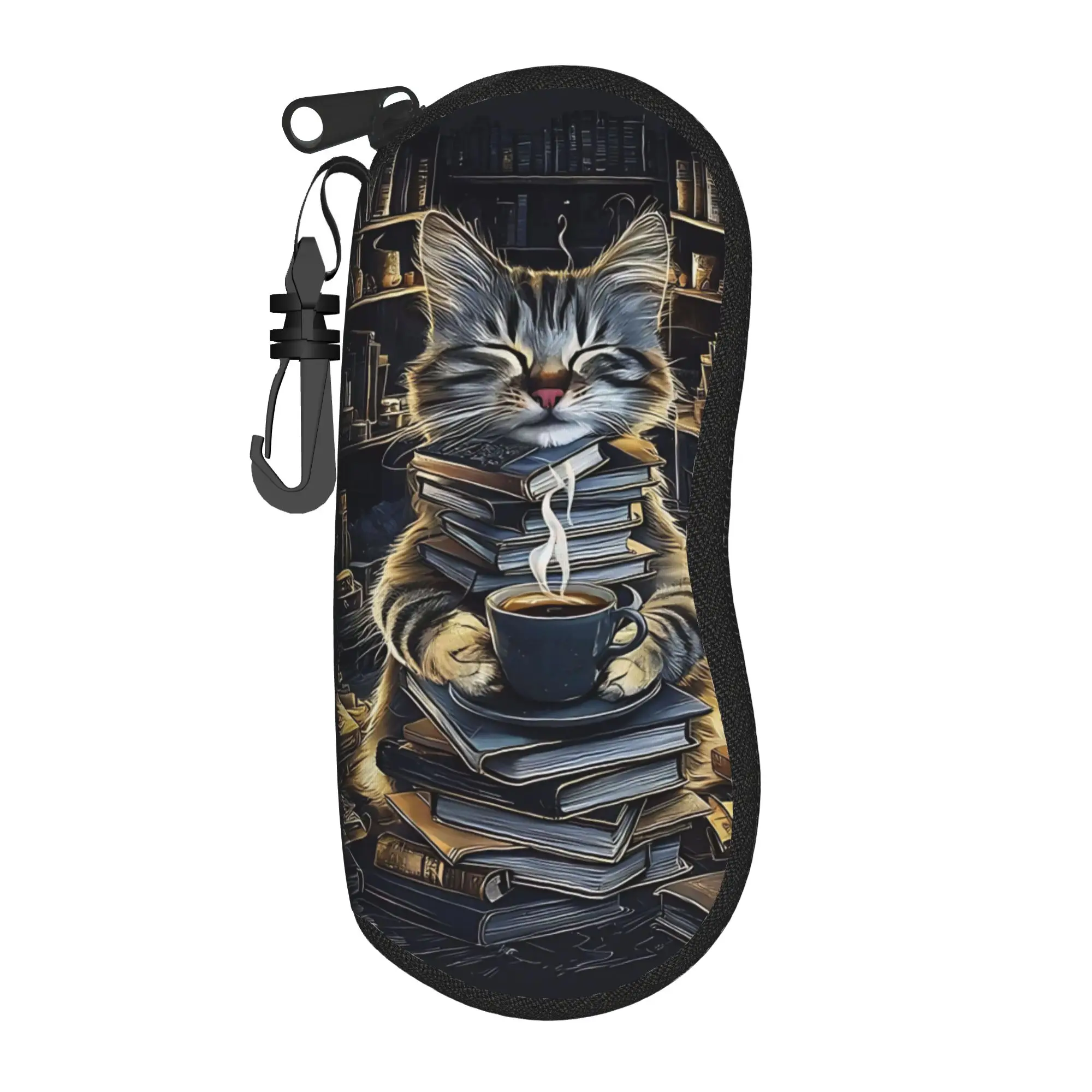 Morning coffee with kitty Glasses Case Cover  Zipper Sunglasses Case Unisex Pocket Eyeglass Protector Retro Eyewear Organizer