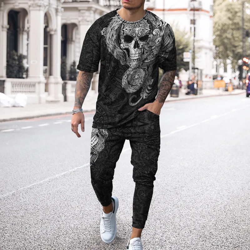 Zomer Mannen 3D Printing Mode 2 Stuk Lange Mouw T-shirt Broek Pak Vreemde Dingen Outfit Dagelijks Oversized Casual Sportswear