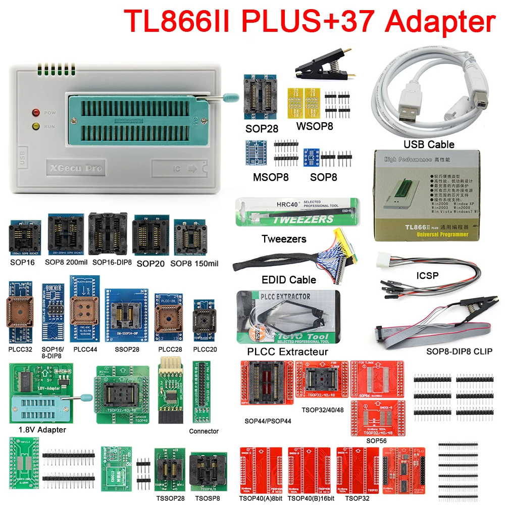 New TL866II Plus 37 Adapter Minipro Programmer V11.9 Universal TL866 T48 programm Nand Flash AVR PIC Bios USB Programming