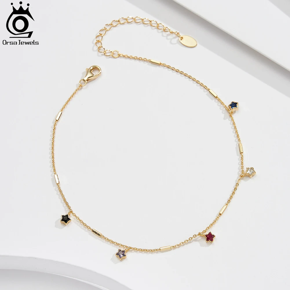 ORSA JEWELS 925 Sterling Silver Cable Chain Anklet with Colorful Star Zircon for Women Adjustable Summer Straps Jewelry SA92