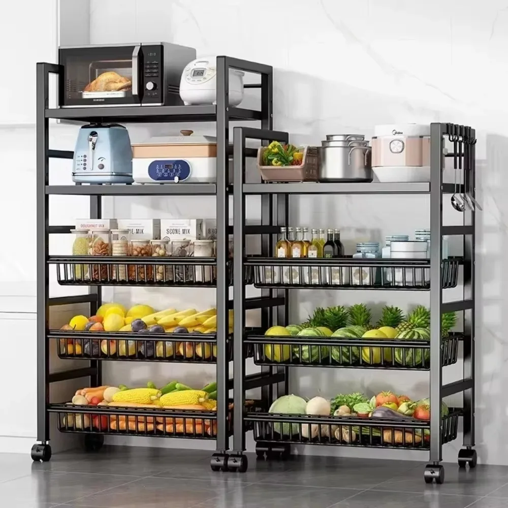 Kitchen Vegetable Basket Trolley Movable Microwave Oven Storage Rack Kitchen Multifunctional Storage Rack Space Saving Trolley