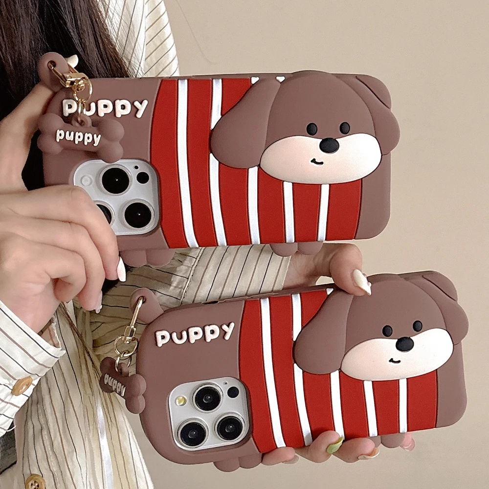 Hot 3D Cute Cartoon Dog Phone Case for iPhone 13 14 15 Pro Dachshund Puppy Soft Silicone Shockproof Cover for iPhone 16 Pro Max