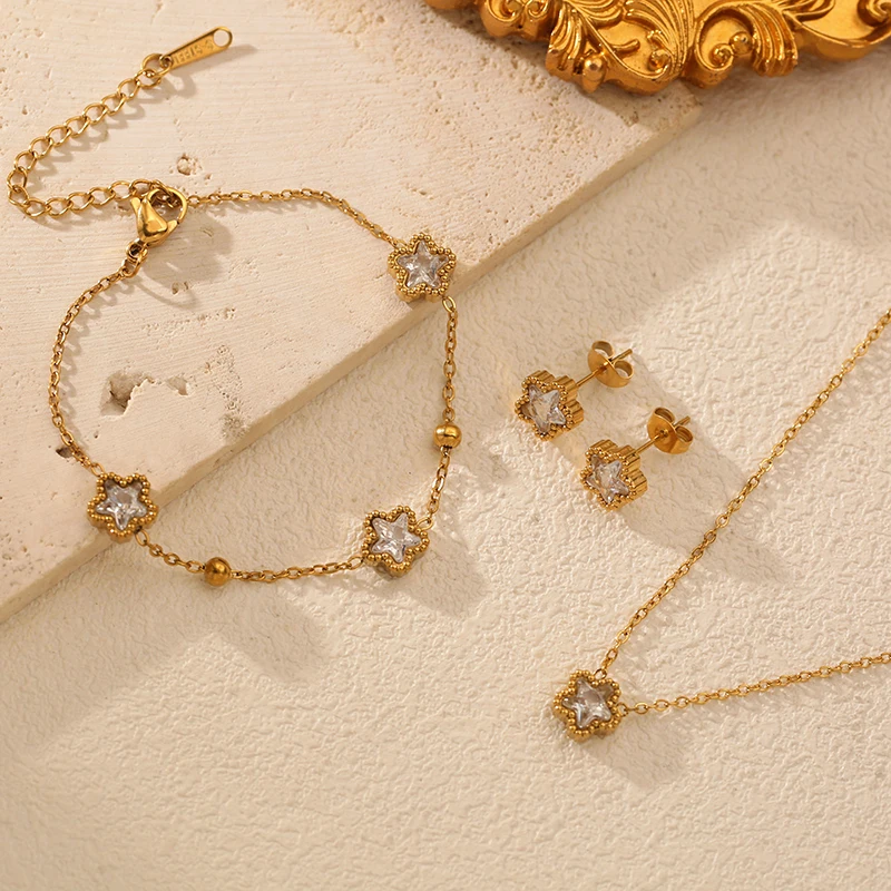 EILIECK Edelstahl Fünfzackiger Stern Zirkon Halskette Armbänder Ohrringe Set für Damen 18K Vergoldet Wasserdichter Schmuck – Detail 17