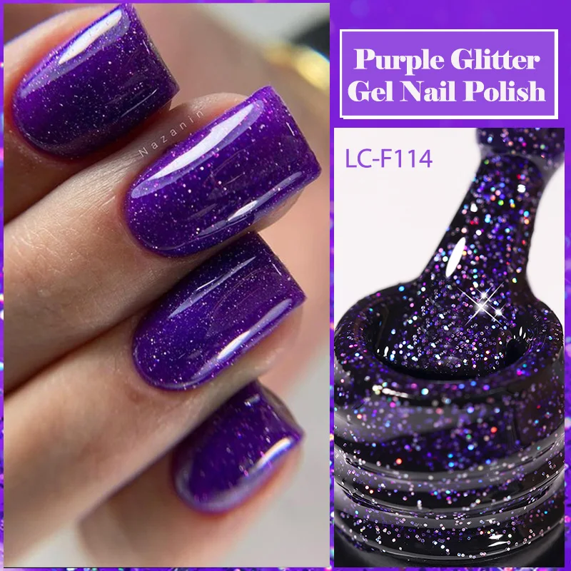 LILYCUTE Purple Glitter Sequins Gel Nail Polish Full Coverage Shiny Color Semi Permanent All For Manicure Nail Art Gel Varnish