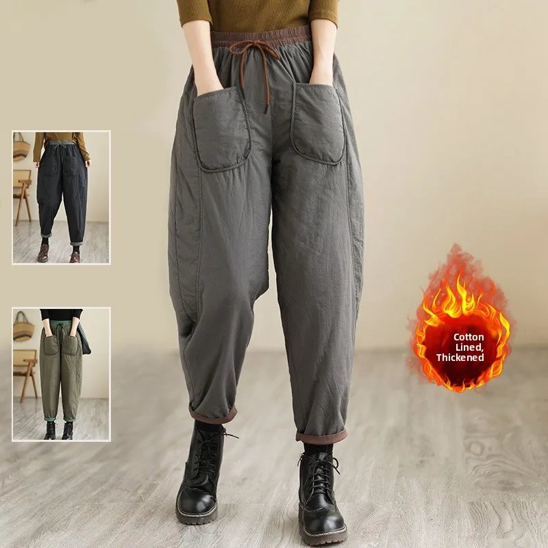 

Хлопковые брюки с высокой талией для больших размеров, женские зимние брюки Харлан, дизайн с поясом и поясом