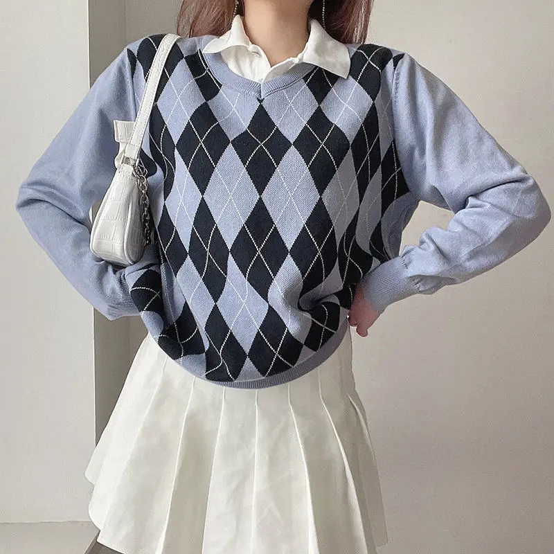 Sweater With Contrasting Color Geometric Rhombus Pattern For European American Loose Slimming And Versatile College Style Top