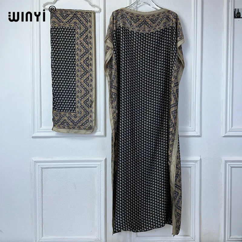 WINYI African Women boho print dress with belt abaya dubai luxury traditional outfit muslim sets woman maxi Dress evening dress
