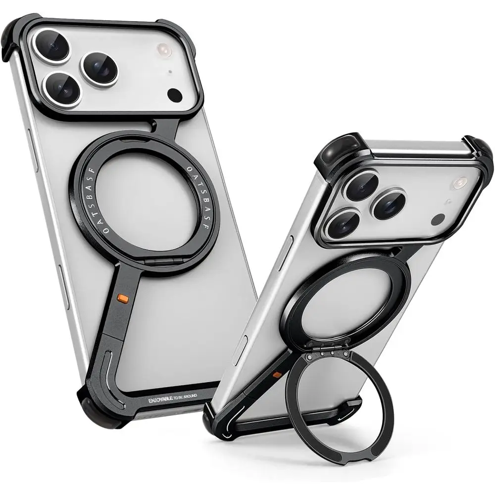 Aluminum Frameless 360° Rotating Stand iPhone 17 Pro Max Case, Shock-Resistant Protective Shell, Black