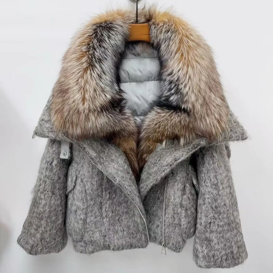 Doudoune d'hiver pour femme avec col en fourrure naturelle, doudoune en vraie fourrure