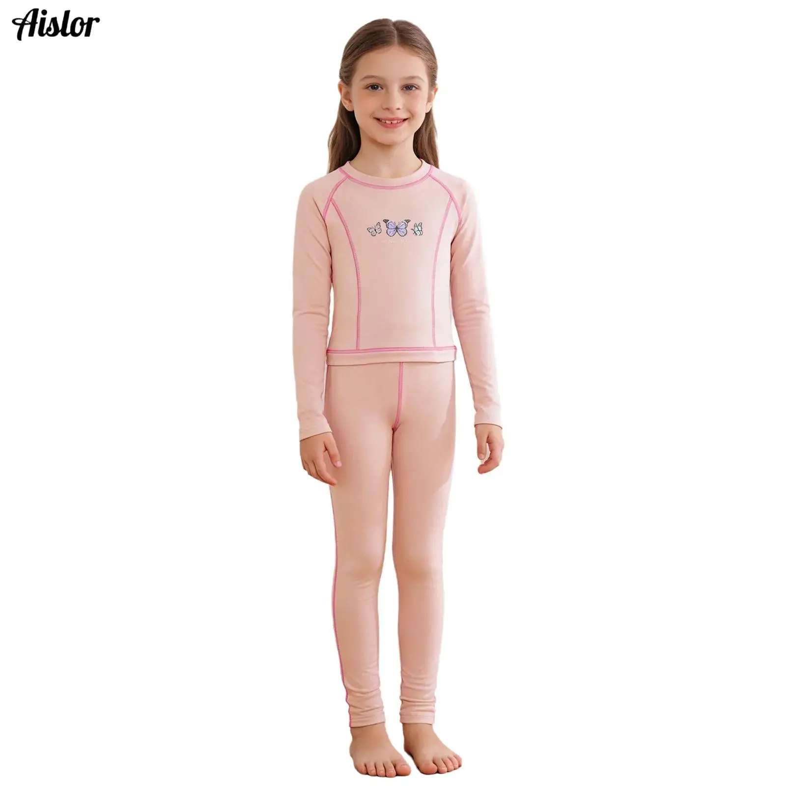 

Kids Girls Thermal Underwear Set Base Layer Homewear Loungewear Sleepwear Long Sleeve Butterfly Contrasting Trim Top with Pants