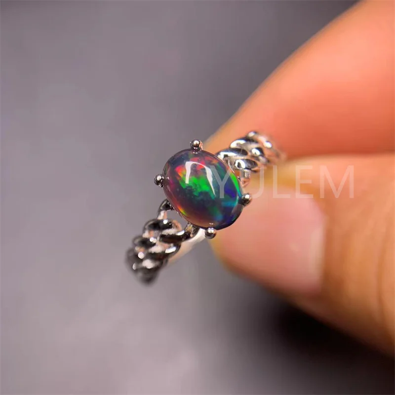 YULEM Brilliant Black Natural Opal Ring 6mm*8mm Natural Opal 925 Silver Ring 18K Gold Plating Gemstone Jewelry