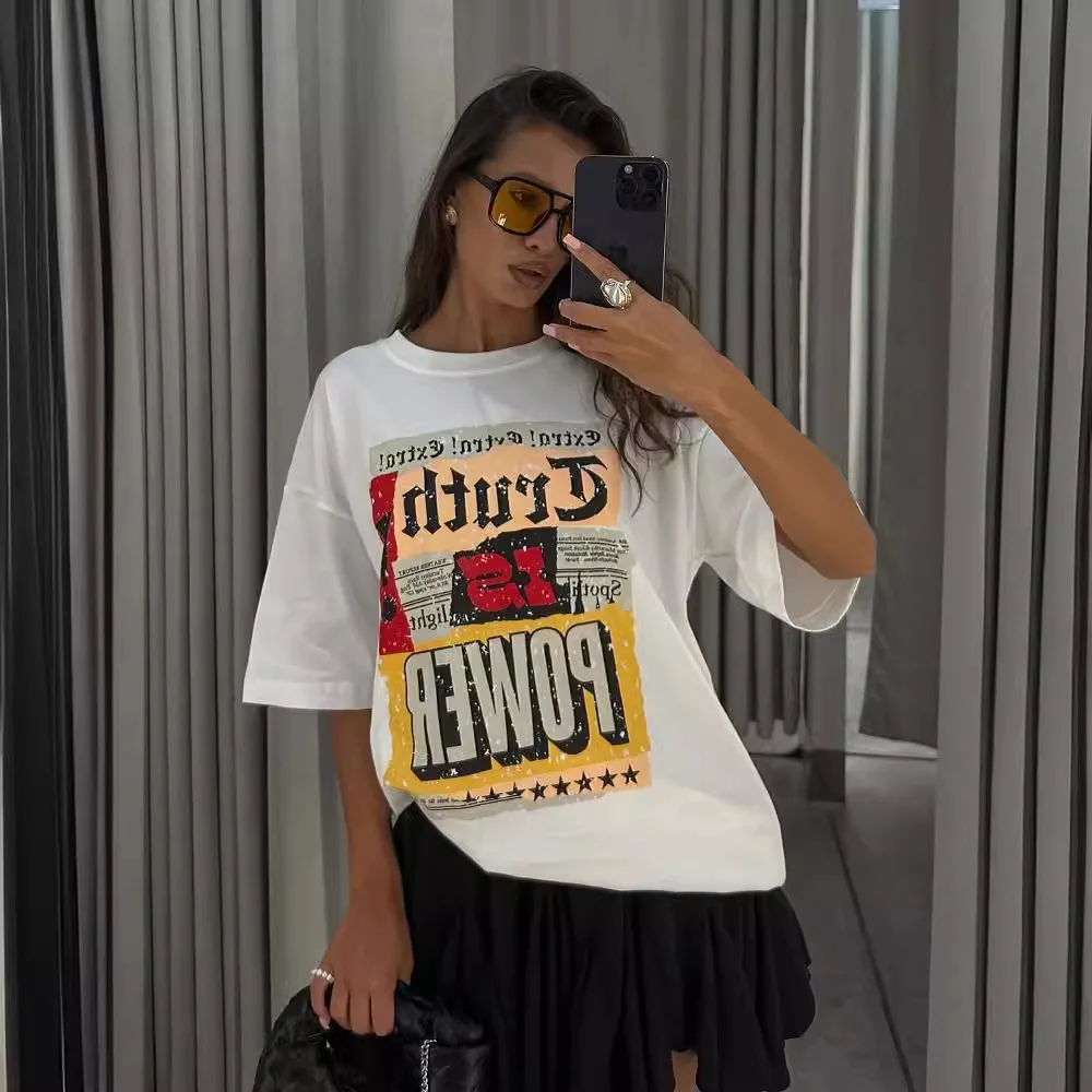 

2024 American Letter Printed T-Shirt, Pure Cotton Round Neck Loose Short Sleeved Top, Trendy Instagram Style