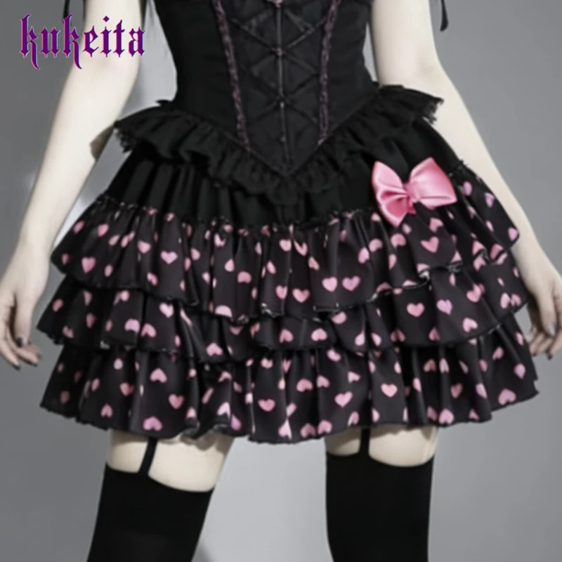 

Юбка Kukeita с готическим принтом в виде сердец, многоярусная, в стиле Sweet Lolita, с бантом и рюшами, мини-юбка в стиле Harajuku Y2K, милая, с эластичной талией, А-силуэт