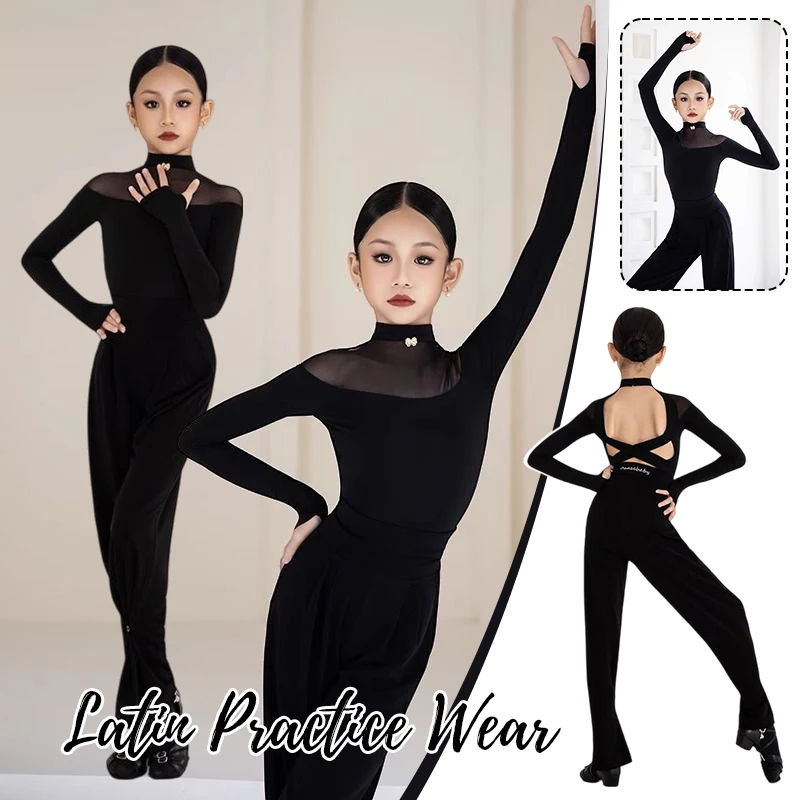 

National Standard Dance Clothes Girls Latin Practice Wear Black Tops Pants Long Sleeves Ballroom Dance Training Outfits