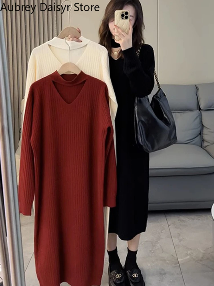 Autumn Vintage Knitting Dress Women Elegant Chic V-neck Hollow Out Sweater Dress Korean Fashion Casual Christmas Party Dress New