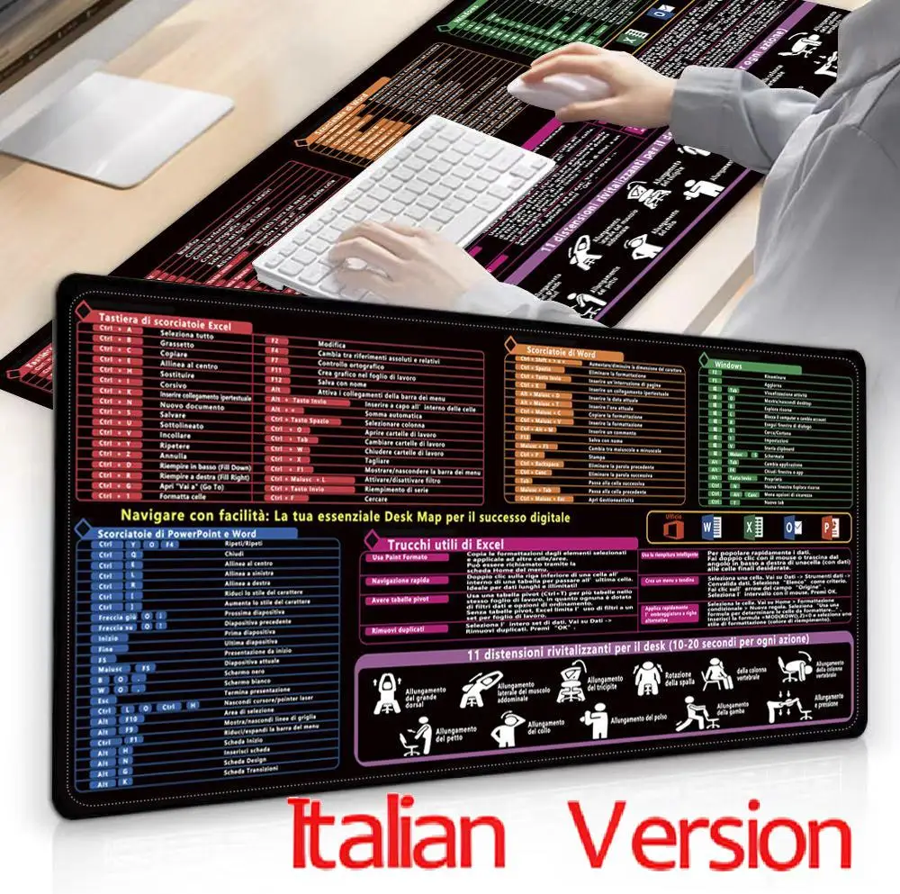 Italian Version Excel/Word/Windows/PPT Cheat Sheet Mouse Pad, Computer Keyboard Pad for Office Workers Students Office Desk Mat