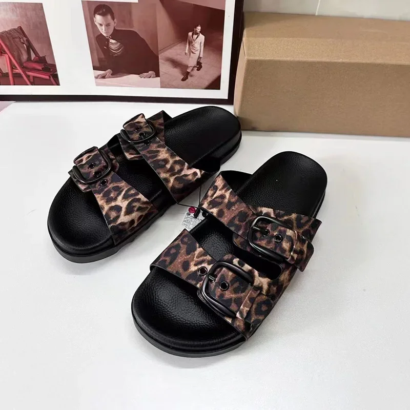 Zapatillas de plataforma para mujer, zapatos Retro con estampado de leopardo, doble hebilla, suela gruesa, toboganes de playa, talla grande, moda