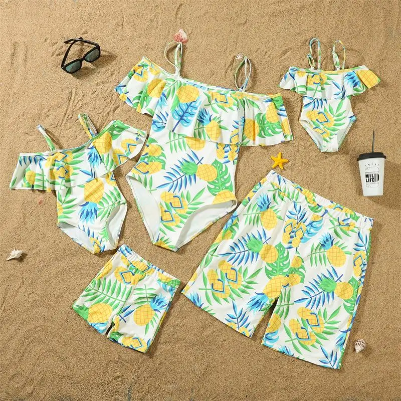 2024 Pineapple Family Matching Swimsuits Ruffled Mother Daughter Swimwear One-Piece Mommy and Me Clothes Father Son Swim Shorts